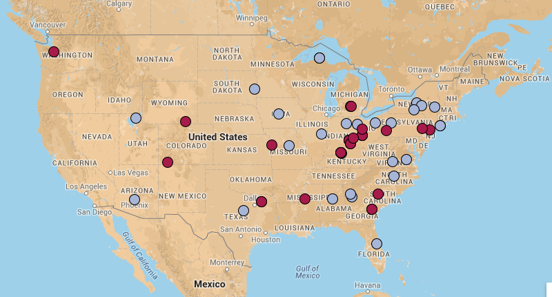 map of 2008 cumulative DMAC attendance by location of home institution (lower 48 United States)