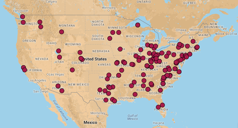 map of 2006-2014 cumulative DMAC attendance by location of home institution (lower 48 United States)