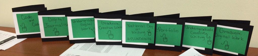 Placards for different texts assembled in FSU's seventh Digital Symposium hosted in 2016