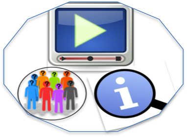Image of play button, people in a crowd, and information icon.